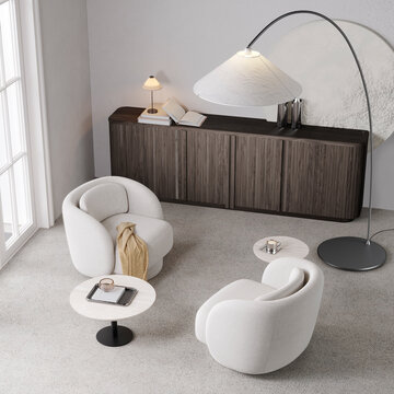 Modern white minimal living room with armchairs and sideboard