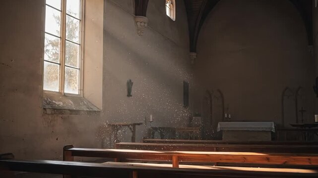 Warm sunlight streams through windows illuminating peaceful church interior