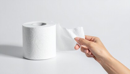 Fototapeta premium Cleanliness and Hygiene A roll of white toilet paper with hand in soft focus for health home and personal care.
