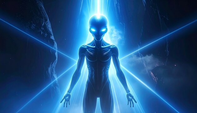 Extraterrestrial Being Lit by Blue Light Standing in Cave Abstract Conceptual Image.