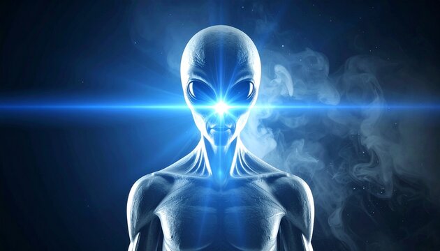 Extraterrestrial Being Stares Intensely with Glowing Eyes amidst Dark Hazy Backdrop Sci-Fi Concept.