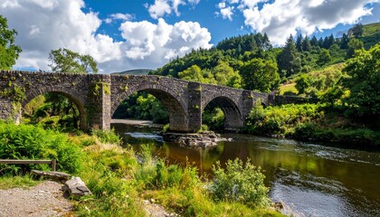 Fototapeta premium Stone Bridge Spanning a River in a Lush Green Landscape with Blue Sky and Clouds a Timeless Scene of Natural Beauty.