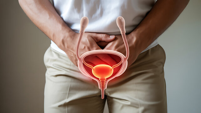 Man experiencing urinary tract pain with glowing red bladder illustration