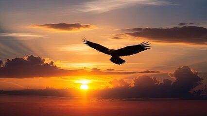 Obraz premium A majestic eagle soars through a vibrant sunset sky with clouds