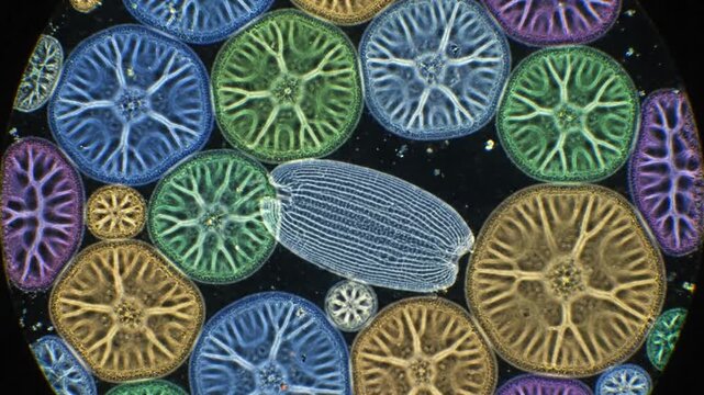 Colorful Microscopic Diatom Structures. Exquisite Mosaic Of Marine Diatoms Under Microscope Viewed. Brightly Colored Diatom Frustules Displaying Radial Symmetry Through Highresolution Imaging