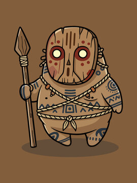 Adorable chibi-style tribal monster with floating body and no legs, holding a vertical wooden spear. Features carved mask and simple tribal details in flat vector style with clean outlines.