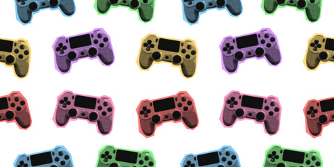 Seamless controller pattern. Retro backrgound  with joystick in pop art halftone style. Collage dot effect. Pastel video game print. © Darina
