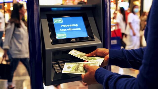 Atm Kiosk Processing Cash Withdrawal Inside Mall, Closeup Of Touchscreen And Keypad, Blurred Shoppers Pass In Background, Person Collects Banknotes, Warm Indoor Lighting, Transactional Atmosphere