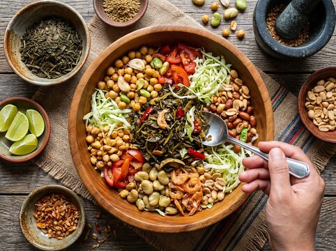 Overhead view of a vibrant Burmese tea leaf salad with various ingredients being mixed.