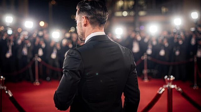 Host standing on carpet interacts with reporters under camera flashes
