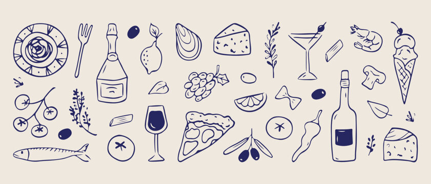  Italian food wine, pizza pasta icons, mediterranean kitchen doodles, restaurant menu illustration, cheese and grapes, wine glass sketch, culinary food elements.
