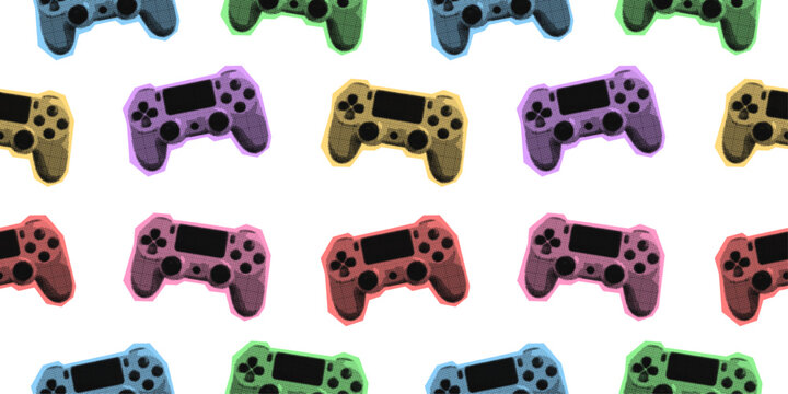 Seamless controller pattern. Retro backrgound  with joystick in pop art halftone style. Collage dot effect. Pastel video game print.