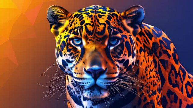 Digital art of a jaguar face with polygonal skin and geometric background