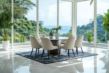Fototapeta premium Modern living room interior featuring a table and chairs, decor, and a panoramic window for a bright and open atmosphere, Generative AI