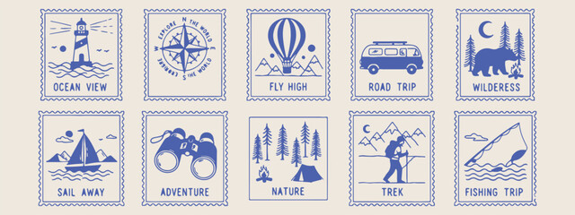 Travel nature stamps, adventure postal icons, mountain camping badges, wanderlust stamp collection, outdoor exploring symbols, vintage travel labels, wanderlust design elements. © Geetaroy