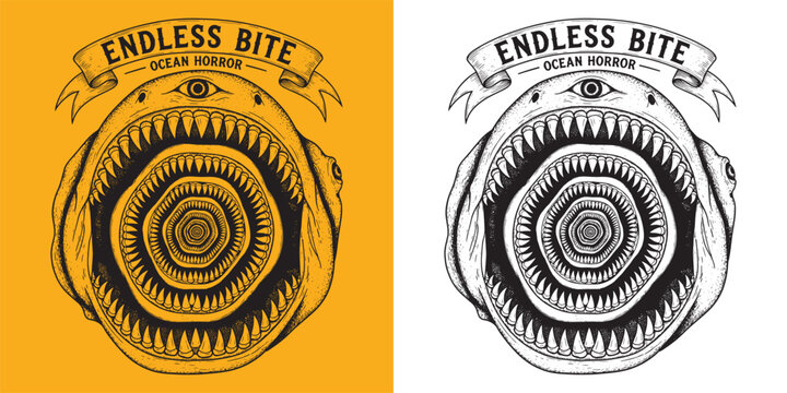 Endless Bite Ocean Horror Shark Spiral Teeth Surreal Monster Art