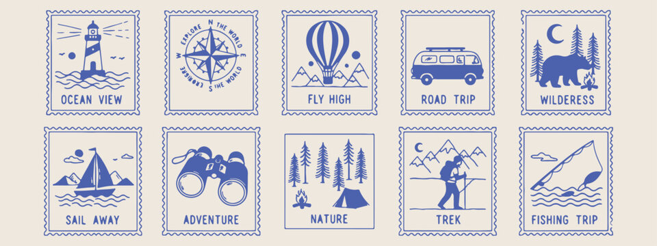 Travel nature stamps, adventure postal icons, mountain camping badges, wanderlust stamp collection, outdoor exploring symbols, vintage travel labels, wanderlust design elements.