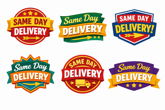 Same day delivery labels and badges set for fast shipping service, express logistics, and quick retail options