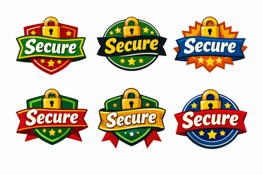 Collection of secure badges featuring padlocks, shields, ribbons, and stars, representing safety, security, and assurance