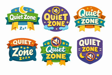 Naklejka premium Quiet zone badges collection with a mute icon, moon, stars, and zzz symbols for silence and sleep concepts