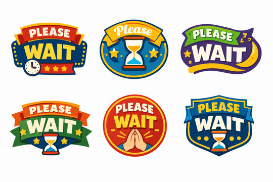Please wait loading icons set with hourglass, clock, and hands, showing progress and patience concepts