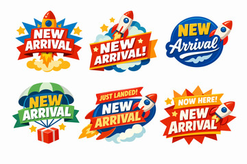 Naklejka premium New arrival badges set featuring rockets, parachutes, and stars for product launch and promotion banners