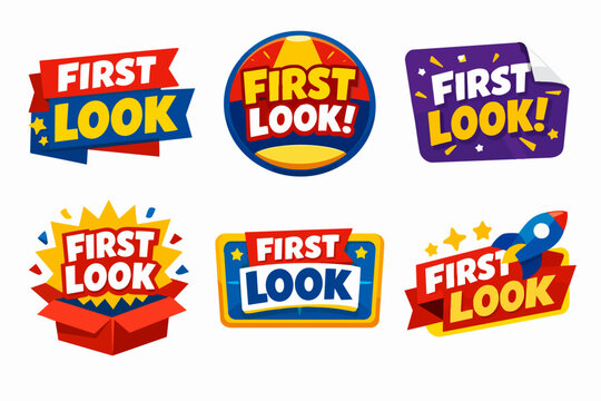 Set of colorful first look badges and stickers, perfect for unveiling new products, promotions, and marketing campaigns