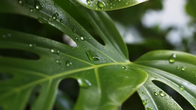 Leaf With Water Droplets. Detailed View Of Vibrant Montera Leaf With Dew Drops Under Soft Natural Lighting