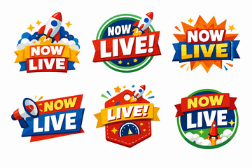 Naklejka premium Now live banner collection with rockets and megaphone announcing online streaming and video promotion