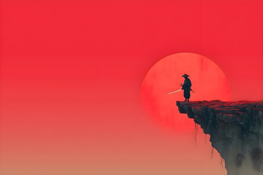Samurai Silhouette Against Red Sunset