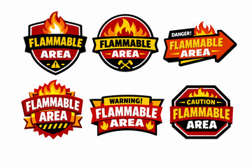 Naklejka premium Flammable area warning signs set featuring various designs with fire symbols, danger, and caution labels for safety