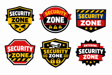 Obraz premium Security zone labels set, indicating restricted areas with surveillance cameras, warning signs, and lock icons for protection