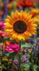 Obraz premium Bright sunflower standing tall among colorful flowers in a vibrant garden during sunny weather