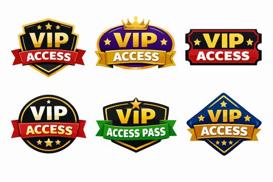 Collection of vip access badges, premium labels, and exclusive golden emblems for special event and membership privileges