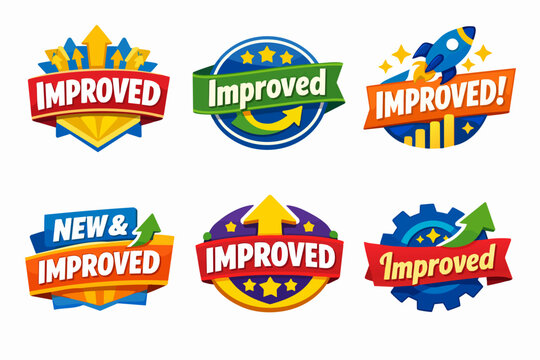 Improved new product badges, stickers, labels set with creative design elements for business marketing advertising