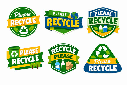 Collection of please recycle labels and badges. Promoting environmental protection, waste reduction, and green living