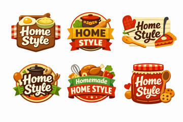 Obraz premium Home style cooking and homemade food badges collection. Vector labels representing traditional meals, bakery, and cuisine