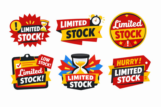 Collection of limited stock badges and labels, promoting low quantities and encouraging quick purchase decisions
