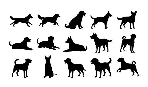Black dog silhouette set with different poses running sitting lying vector illustration isolated on white background
