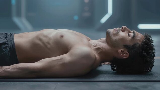 Male Figure in Supine Position Displaying Calmness and Focus