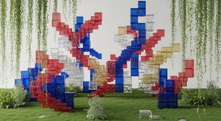 Naklejka premium A colorful Lego-like sculpture stands in a grassy area surrounded by hanging vines and plants