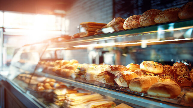 Shop counter filled with delicious baked goods, offering breakfast and lunch options in a cozy, illuminated environment