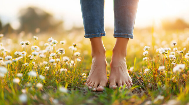 Person's bare feet standing in a meadow of white wildflowers and grass, feeling grounded, relaxed, and enjoying outdoor recreation