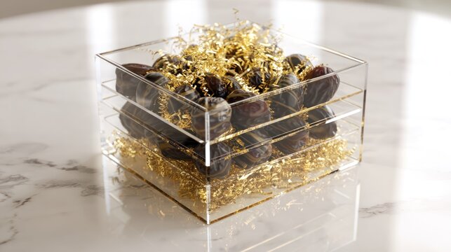 Dates presented in a clear acrylic box with gold decorative accents