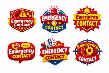 Obraz premium Emergency contact sticker labels with warning icons, phone, siren, bell, megaphone for urgent help and safety alerts