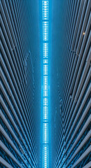Fototapeta premium Low angle shot of building exterior with parallel stripes, illuminated by blue light, creating a modern, futuristic architectural aesthetic