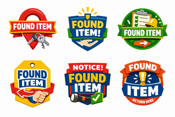Obraz premium Found item badges and labels set for lost property concepts. Informing about returning personal belongings