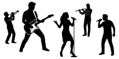 Set of musicians and singers black silhouettes. Live band performance with guitarist, trumpet player, flutist, and vocalists isolated © Vladislav