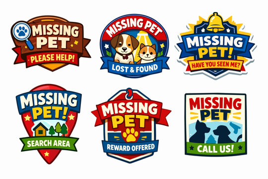 Collection of missing pet badges and lost & found labels, featuring concepts of search, reward, and help for pets