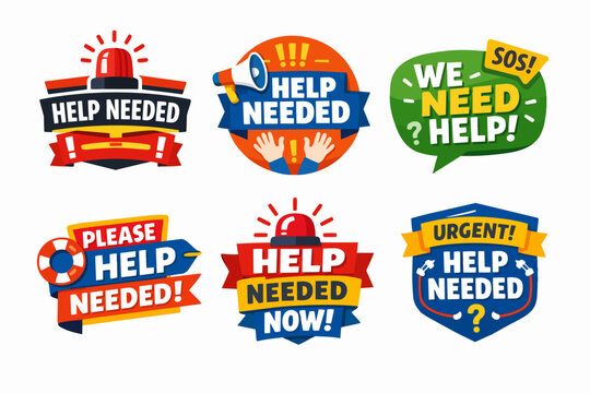 Badges and labels using sirens, megaphones, and plea text, indicating critical need for help and urgent support